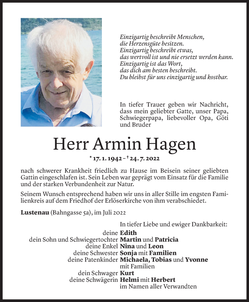  Todesanzeige für Armin Hagen vom 31.07.2022 aus Vorarlberger Nachrichten