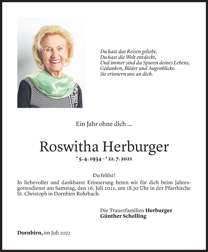  Todesanzeige für Roswitha Herburger vom 12.07.2022 aus Vorarlberger Nachrichten