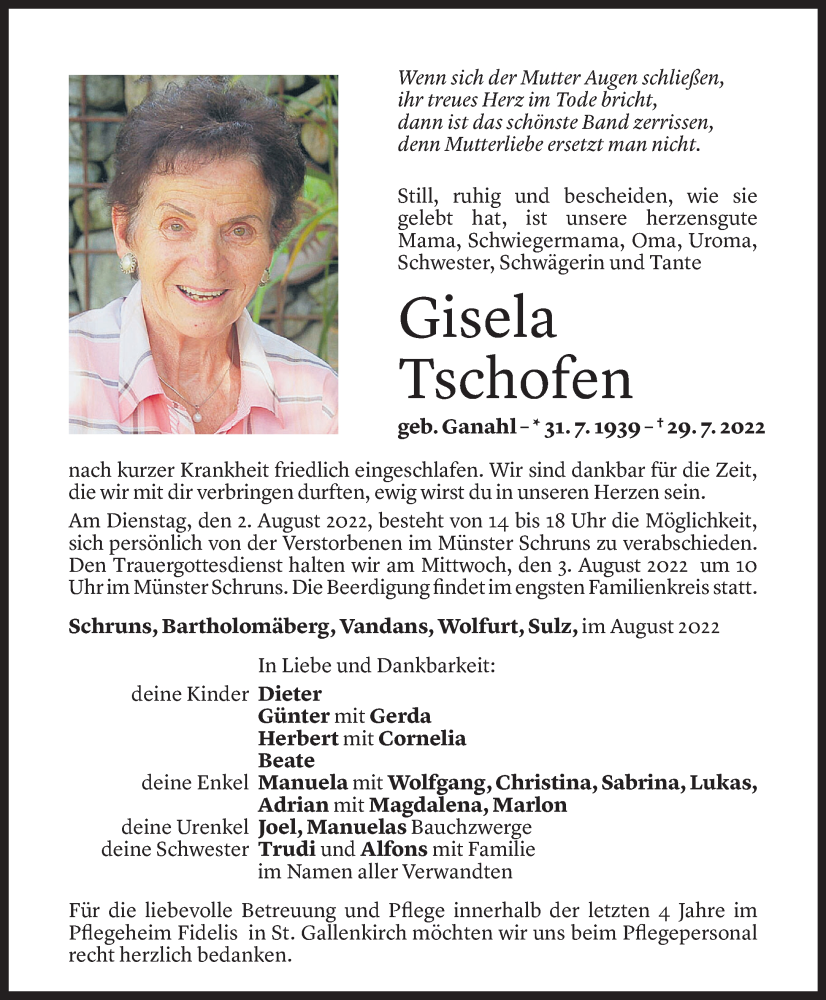  Todesanzeige für Gisela Tschofen vom 31.07.2022 aus Vorarlberger Nachrichten