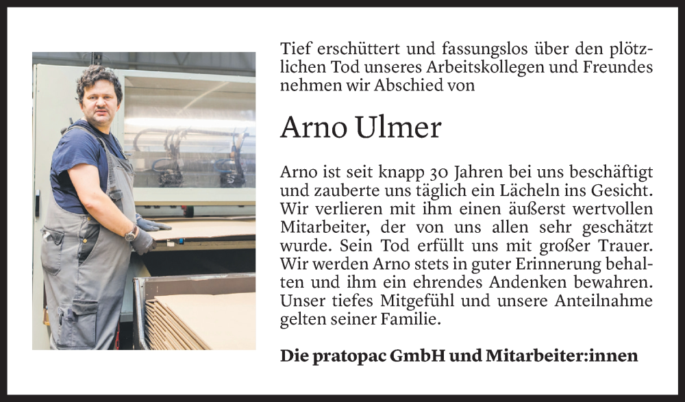  Todesanzeige für Arno Ulmer vom 28.07.2022 aus Vorarlberger Nachrichten