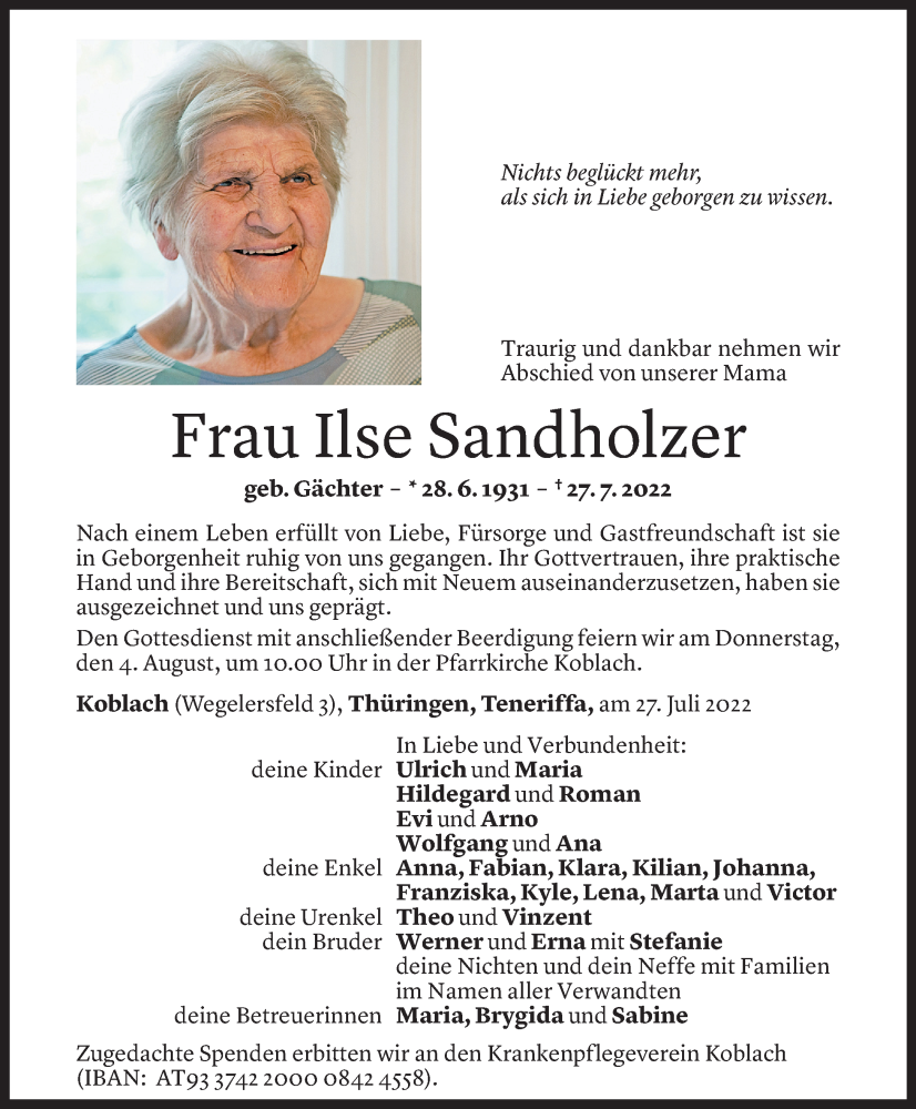  Todesanzeige für Ilse Sandholzer vom 01.08.2022 aus Vorarlberger Nachrichten