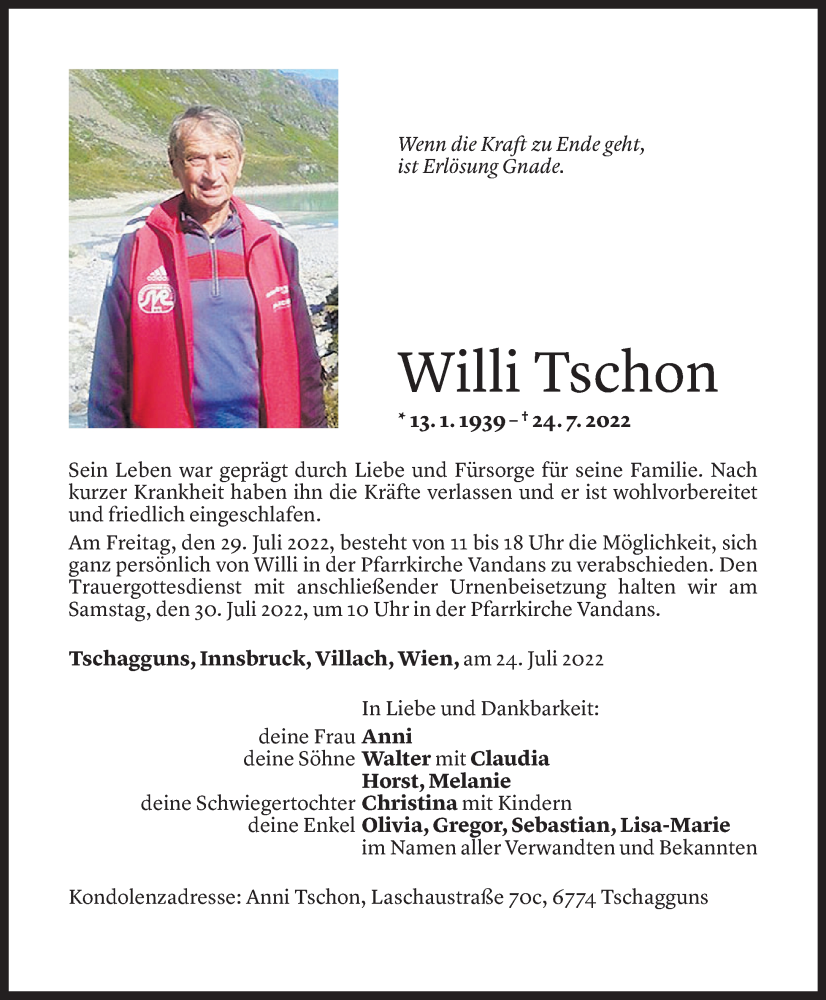  Todesanzeige für Willi Tschon vom 26.07.2022 aus Vorarlberger Nachrichten
