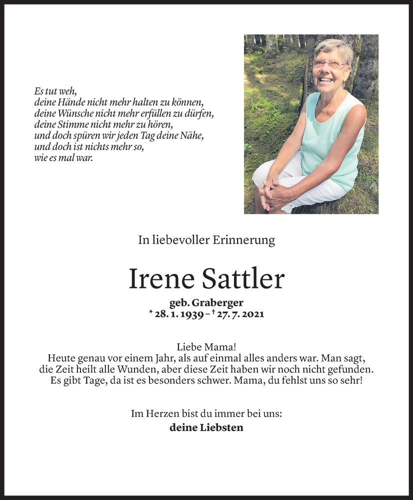  Todesanzeige für Irene Sattler vom 26.07.2022 aus Vorarlberger Nachrichten