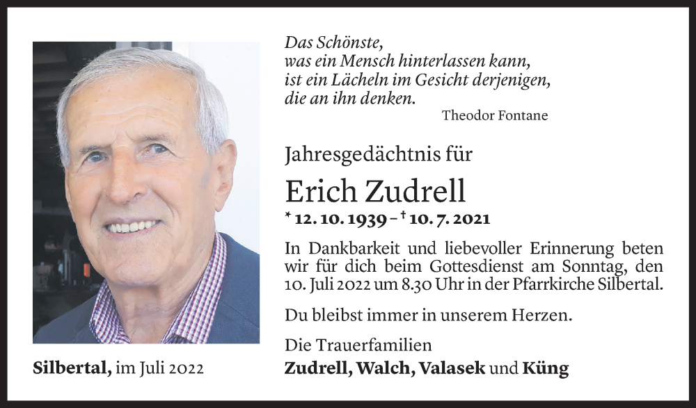  Todesanzeige für Erich Zudrell vom 08.07.2022 aus Vorarlberger Nachrichten