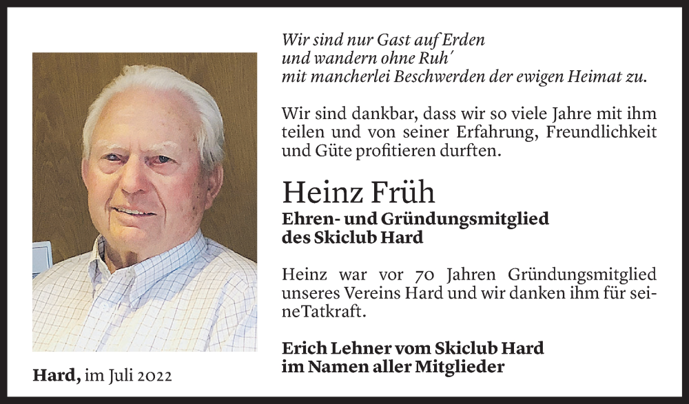  Todesanzeige für Heinz Früh vom 06.07.2022 aus Vorarlberger Nachrichten