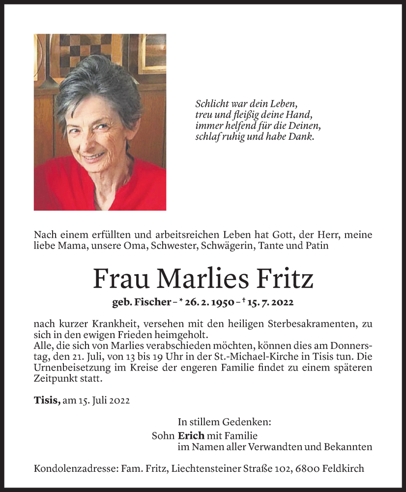  Todesanzeige für Marlies Fritz vom 19.07.2022 aus vorarlberger nachrichten