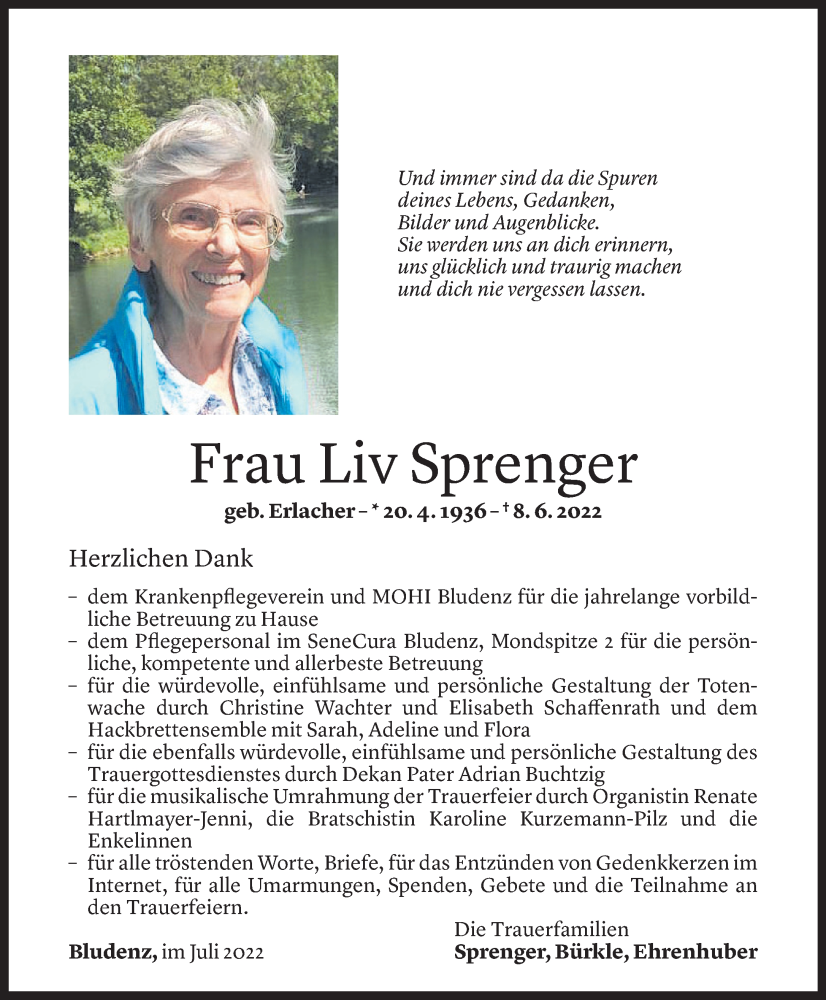  Todesanzeige für Liv Sprenger vom 15.07.2022 aus Vorarlberger Nachrichten