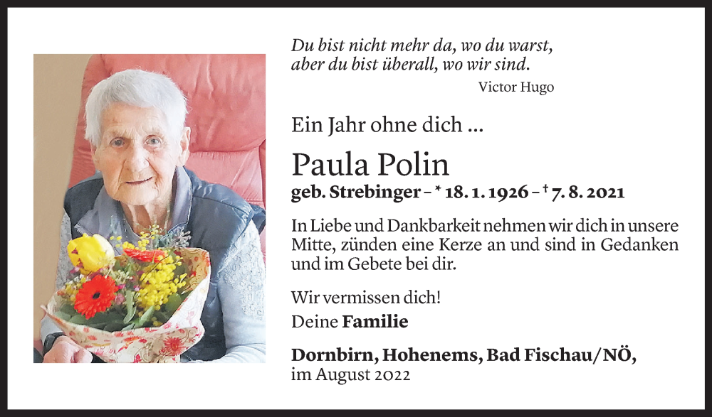  Todesanzeige für Paula Polin vom 06.08.2022 aus Vorarlberger Nachrichten