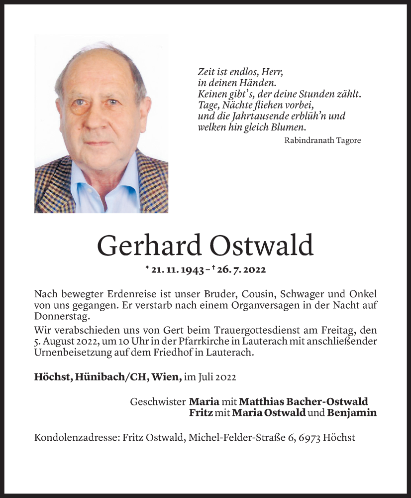  Todesanzeige für Gerhard Ostwald vom 29.07.2022 aus Vorarlberger Nachrichten