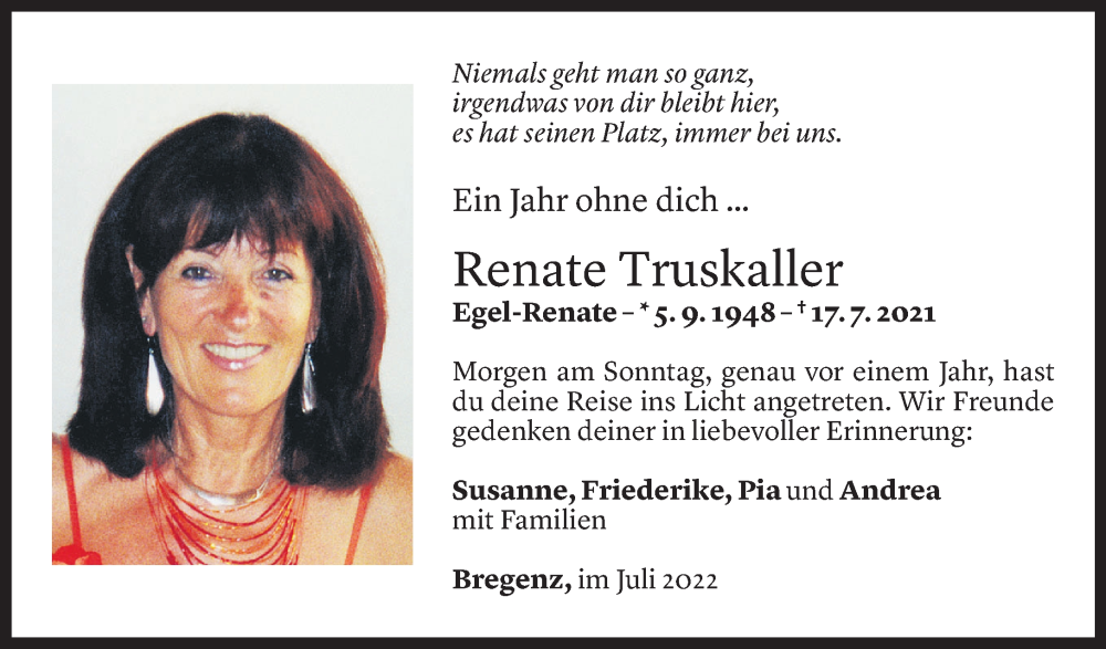  Todesanzeige für Renate Truskaller vom 16.07.2022 aus Vorarlberger Nachrichten