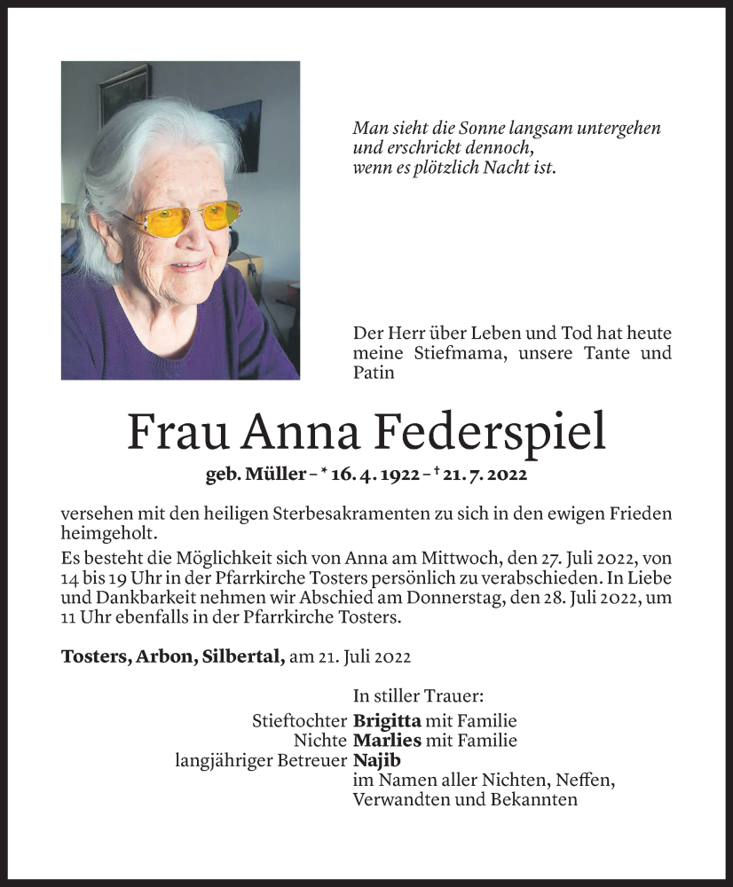  Todesanzeige für Anna Federspiel vom 25.07.2022 aus Vorarlberger Nachrichten