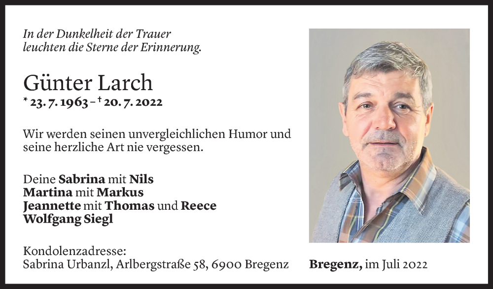  Todesanzeige für Günter Larch vom 22.07.2022 aus Vorarlberger Nachrichten