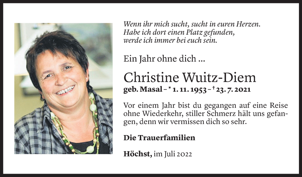  Todesanzeige für Christine Wuitz-Diem vom 22.07.2022 aus Vorarlberger Nachrichten