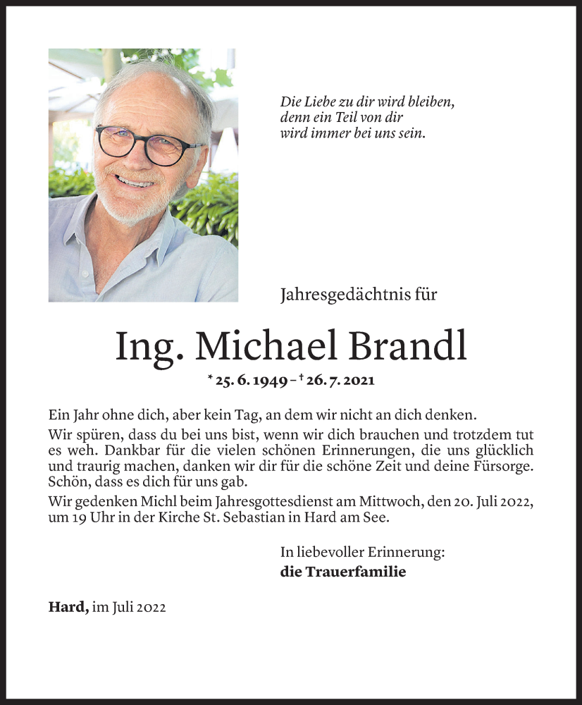  Todesanzeige für Michael Brandl vom 15.07.2022 aus Vorarlberger Nachrichten