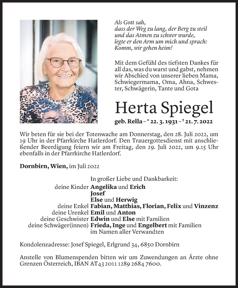  Todesanzeige für Herta Spiegel vom 26.07.2022 aus Vorarlberger Nachrichten