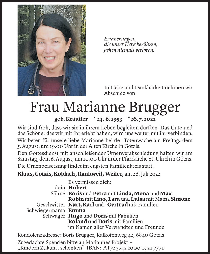  Todesanzeige für Marianne Brugger vom 02.08.2022 aus Vorarlberger Nachrichten