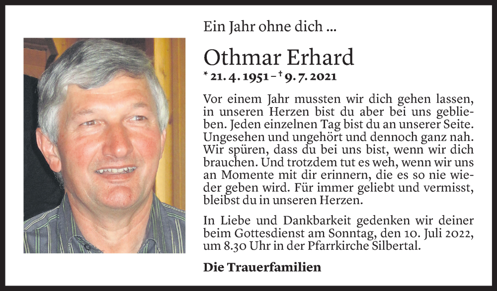  Todesanzeige für Othmar Erhard vom 07.07.2022 aus Vorarlberger Nachrichten
