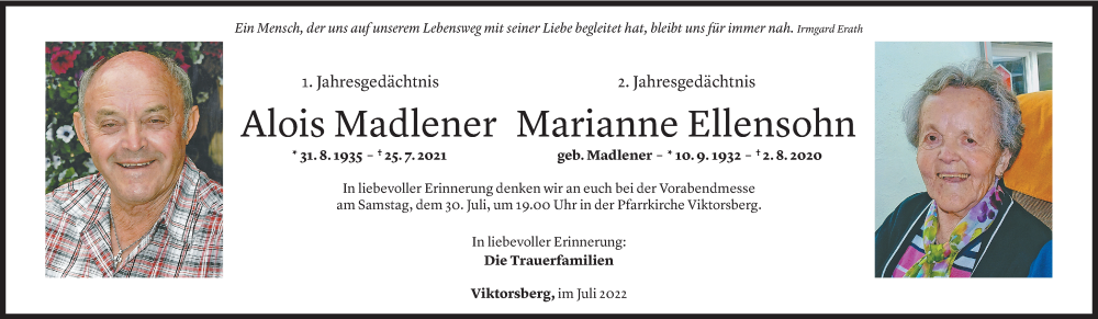  Todesanzeige für Alois Madlener vom 25.07.2022 aus Vorarlberger Nachrichten