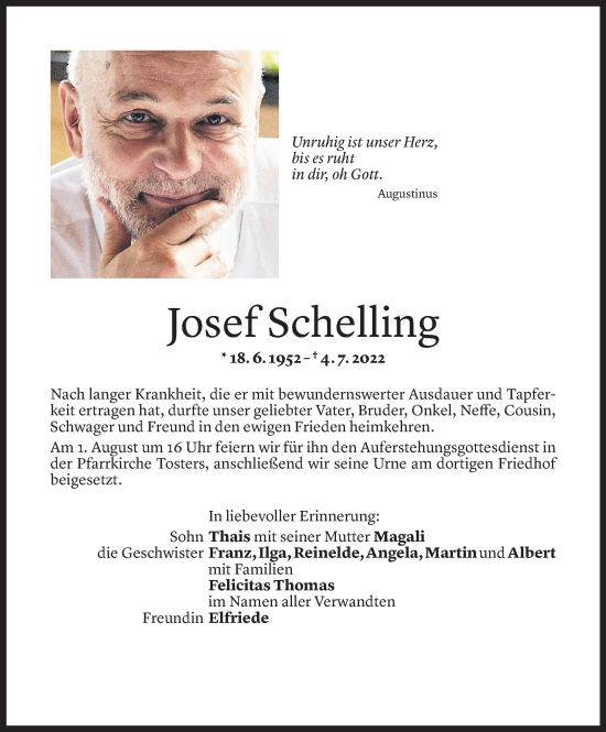 Todesanzeige von Josef Schelling von Vorarlberger Nachrichten