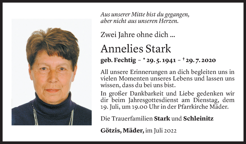  Todesanzeige für Annelies Stark vom 18.07.2022 aus Vorarlberger Nachrichten
