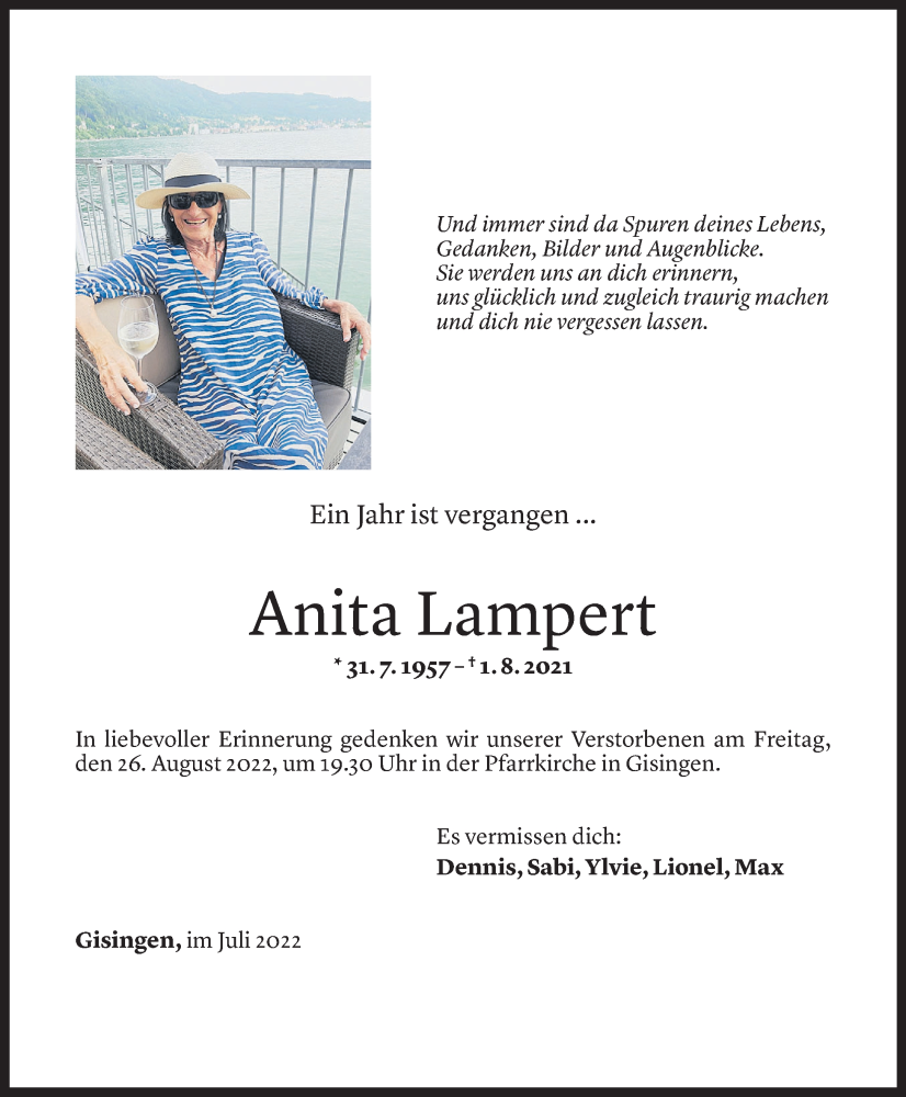  Todesanzeige für Anita Lampert vom 29.07.2022 aus Vorarlberger Nachrichten