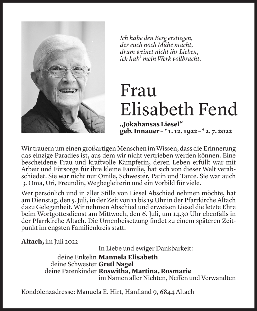  Todesanzeige für Elisabeth Fend vom 04.07.2022 aus Vorarlberger Nachrichten