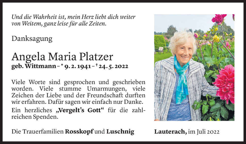  Todesanzeige für Angela Maria Platzer vom 08.07.2022 aus Vorarlberger Nachrichten