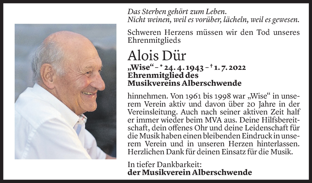 Todesanzeige für Alois Dür vom 04.07.2022 aus Vorarlberger Nachrichten