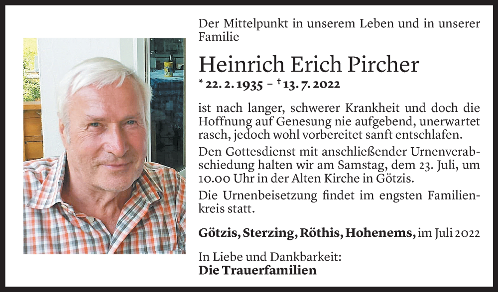  Todesanzeige für Heinrich Pircher vom 20.07.2022 aus Vorarlberger Nachrichten