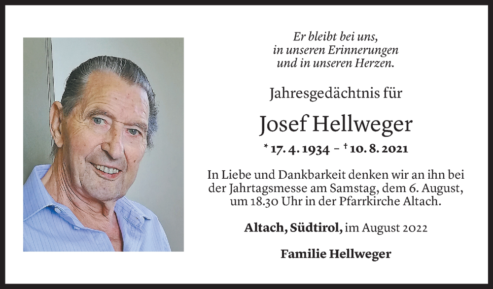  Todesanzeige für Josef Hellweger vom 04.08.2022 aus Vorarlberger Nachrichten