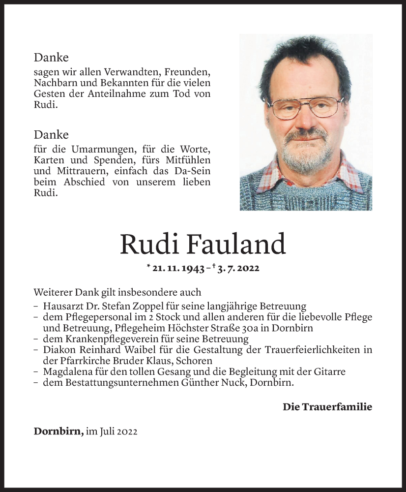  Todesanzeige für Rudolf Fauland vom 22.07.2022 aus Vorarlberger Nachrichten