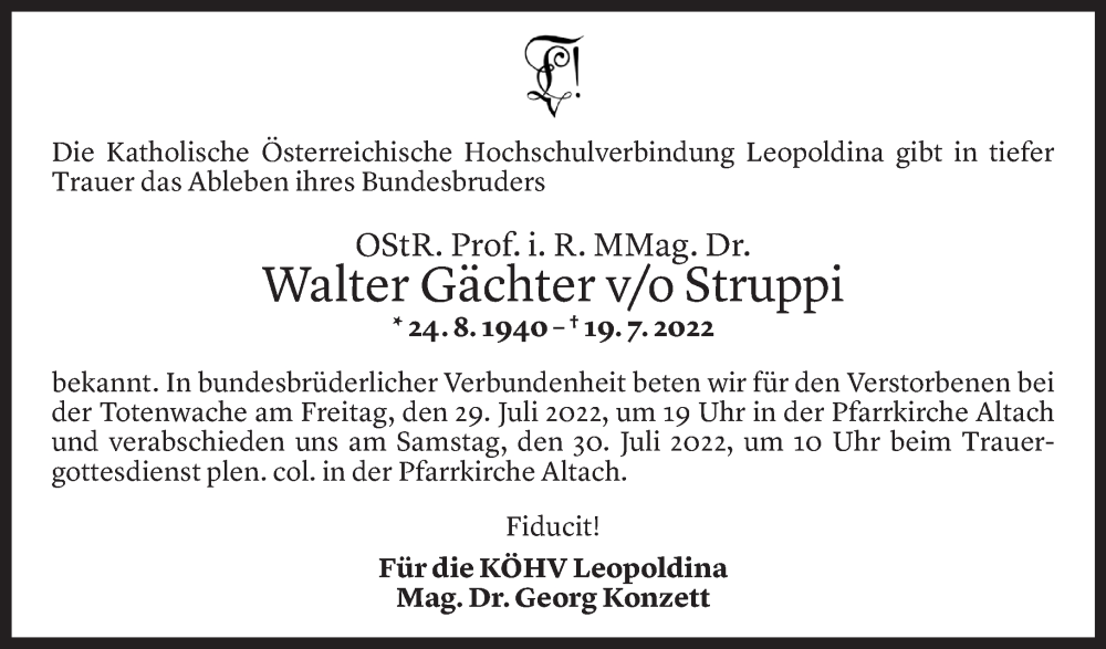  Todesanzeige für Walter Gächter vom 26.07.2022 aus Vorarlberger Nachrichten