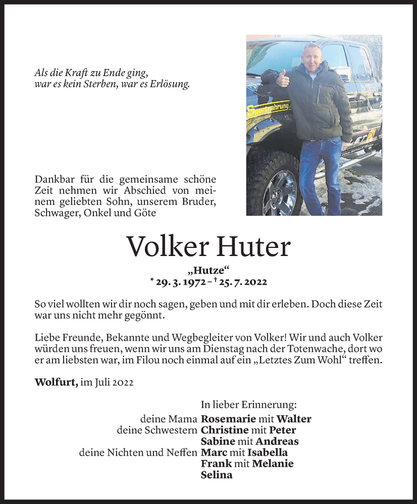  Todesanzeige für Volker Huter vom 30.07.2022 aus Vorarlberger Nachrichten