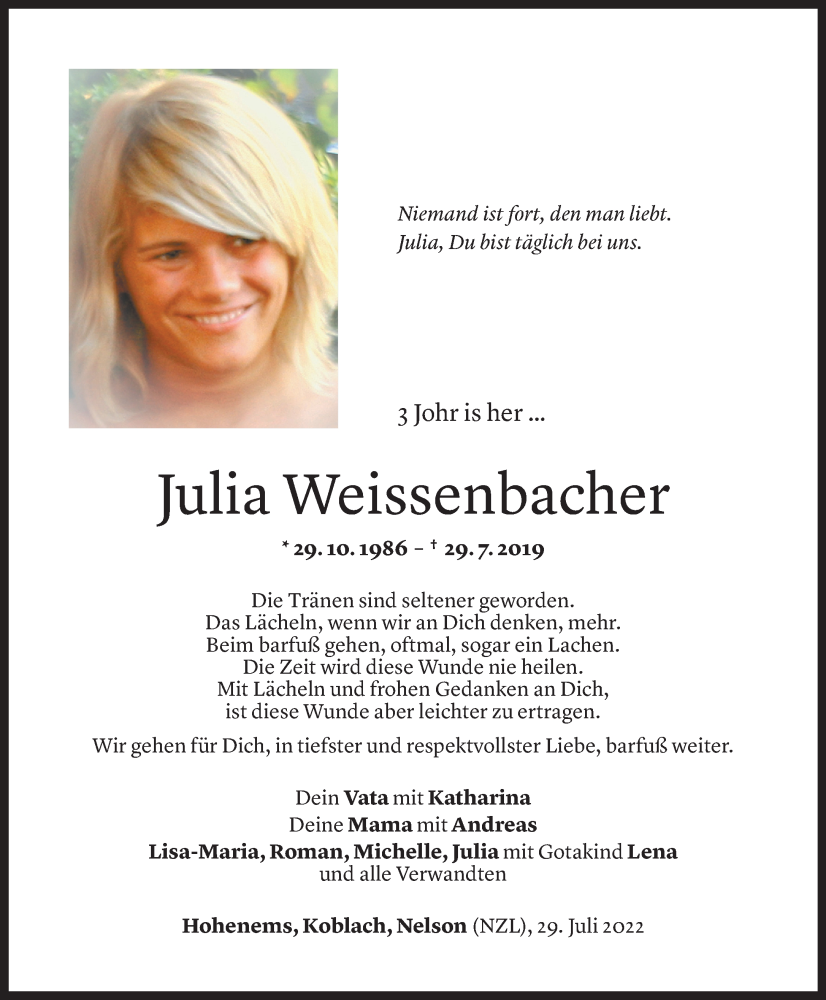  Todesanzeige für Julia Weissenbacher vom 29.07.2022 aus Vorarlberger Nachrichten