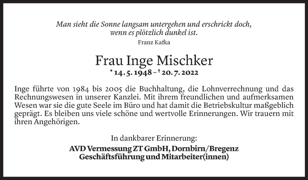  Todesanzeige für Inge Mischker vom 25.07.2022 aus Vorarlberger Nachrichten