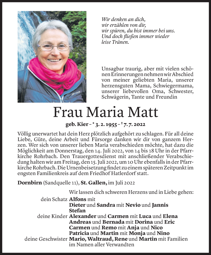  Todesanzeige für Maria Matt vom 13.07.2022 aus Vorarlberger Nachrichten