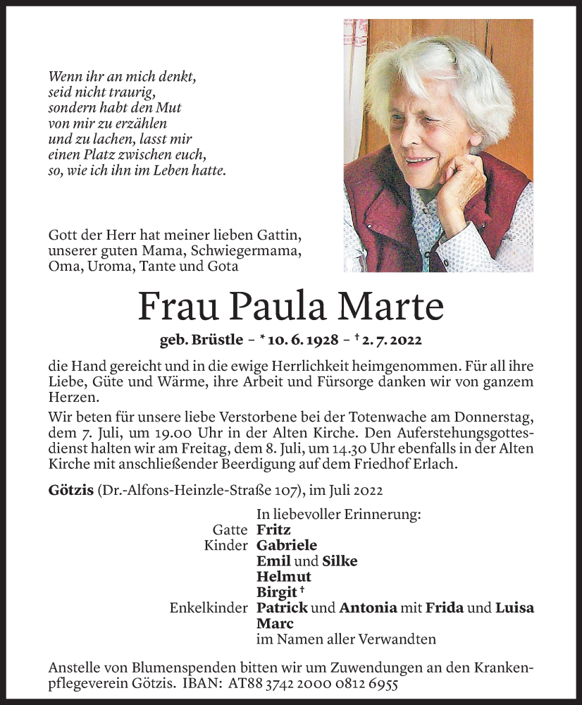 Todesanzeige für Paula Marte vom 05.07.2022 aus Vorarlberger Nachrichten
