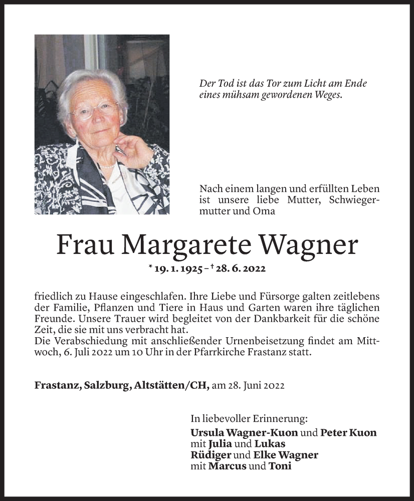  Todesanzeige für Margarete Wagner vom 03.07.2022 aus Vorarlberger Nachrichten