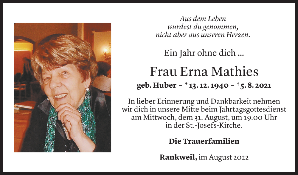  Todesanzeige für Erna Mathies vom 05.08.2022 aus Vorarlberger Nachrichten