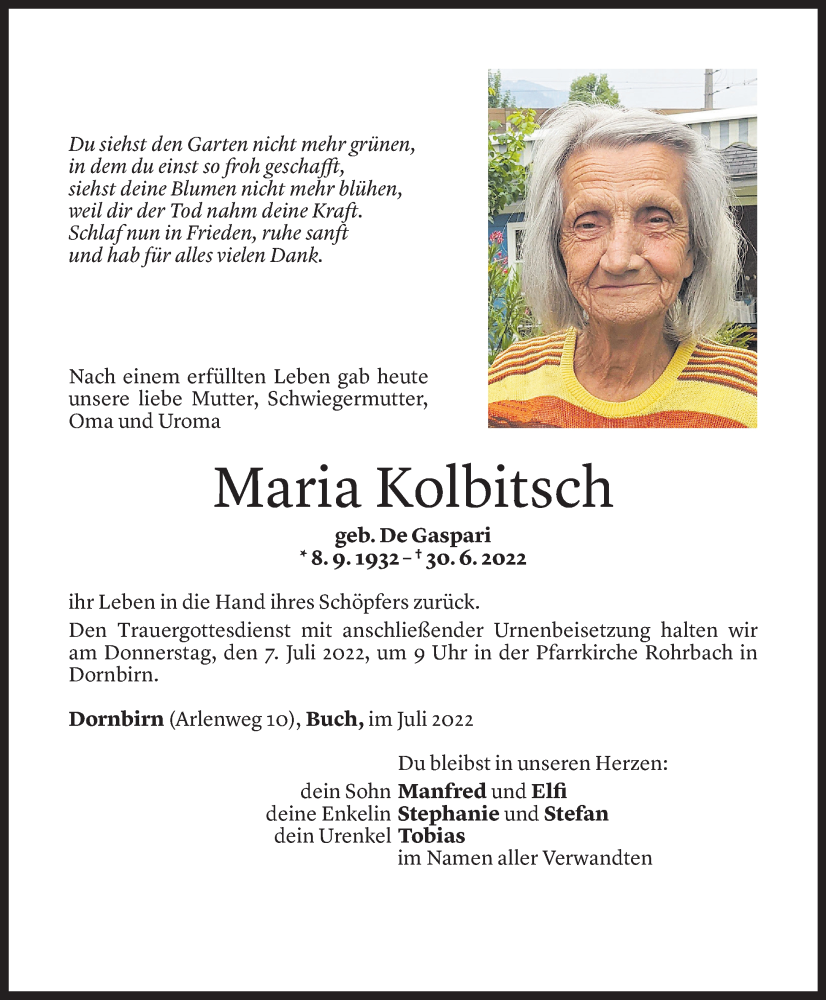  Todesanzeige für Maria Kolbitsch vom 05.07.2022 aus Vorarlberger Nachrichten