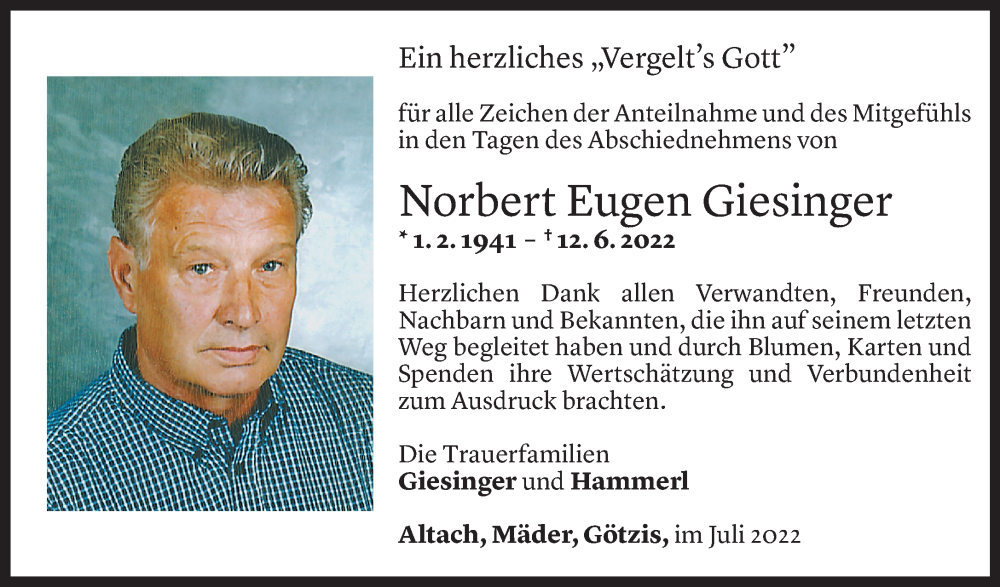  Todesanzeige für Norbert Giesinger vom 16.07.2022 aus Vorarlberger Nachrichten