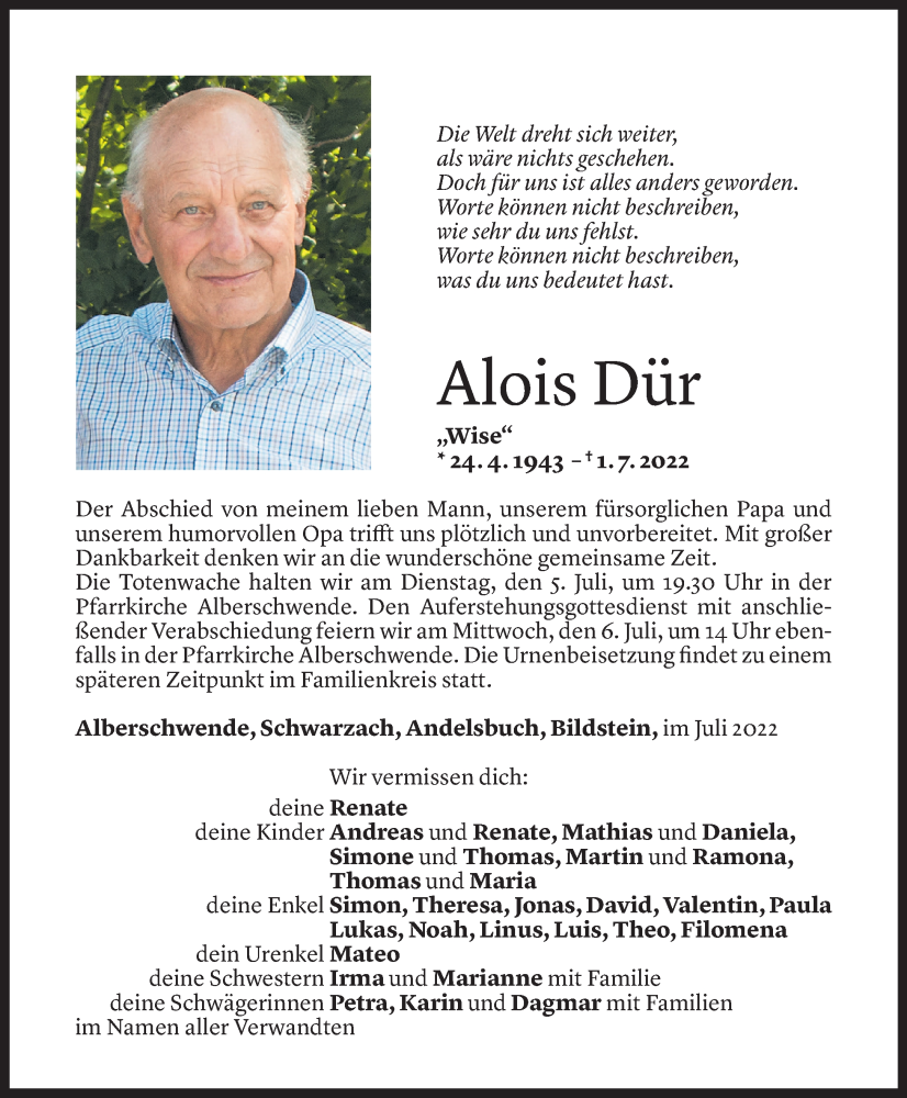  Todesanzeige für Alois Dür vom 04.07.2022 aus Vorarlberger Nachrichten