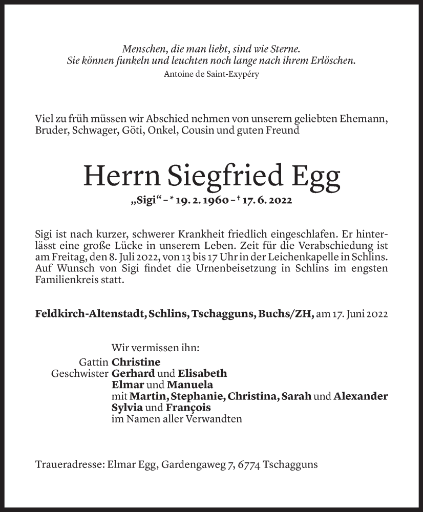  Todesanzeige für Siegfried Egg vom 06.07.2022 aus Vorarlberger Nachrichten