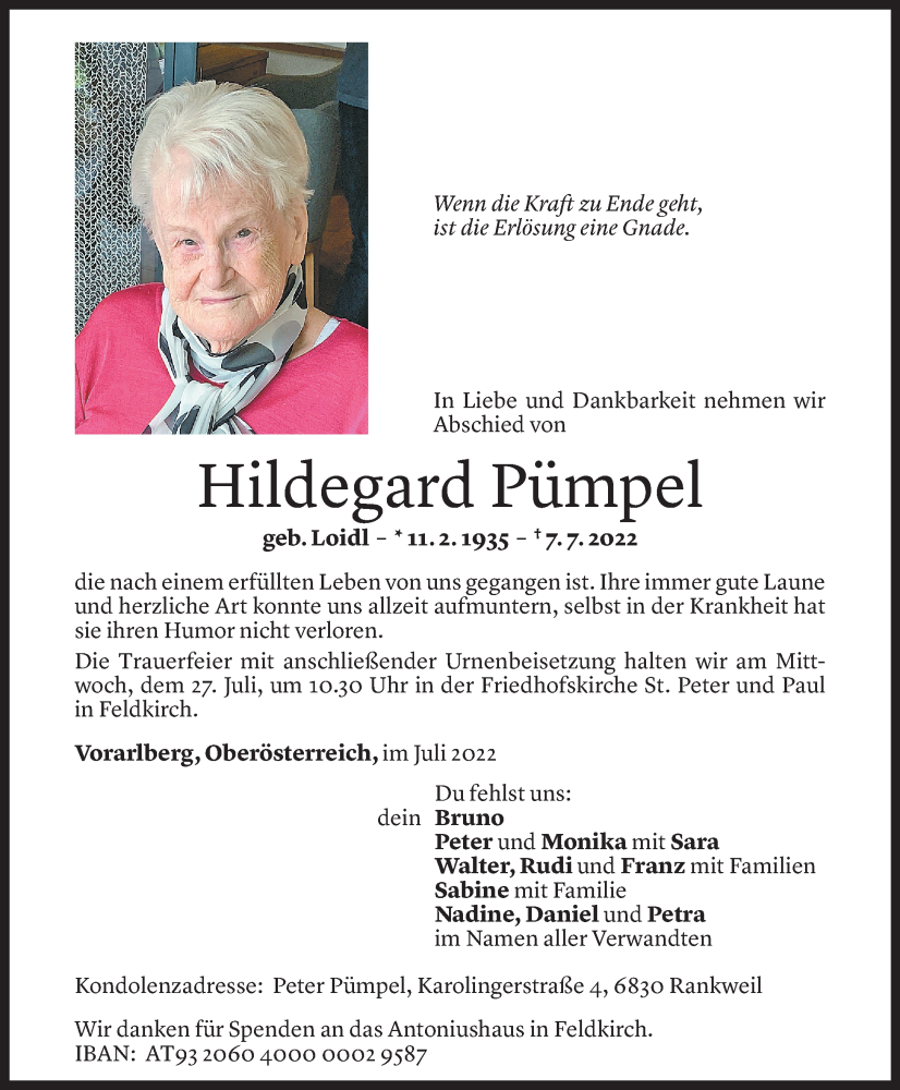  Todesanzeige für Hildegard Pümpel vom 23.07.2022 aus Vorarlberger Nachrichten