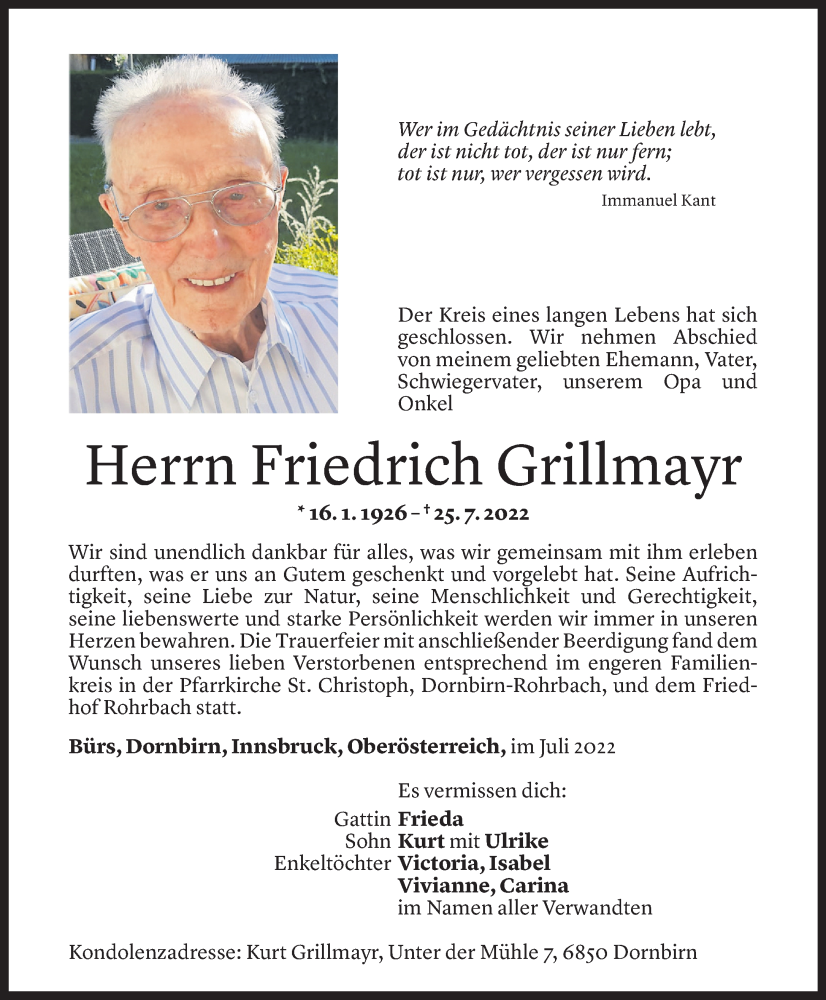  Todesanzeige für Friedrich Grillmayr vom 01.08.2022 aus Vorarlberger Nachrichten