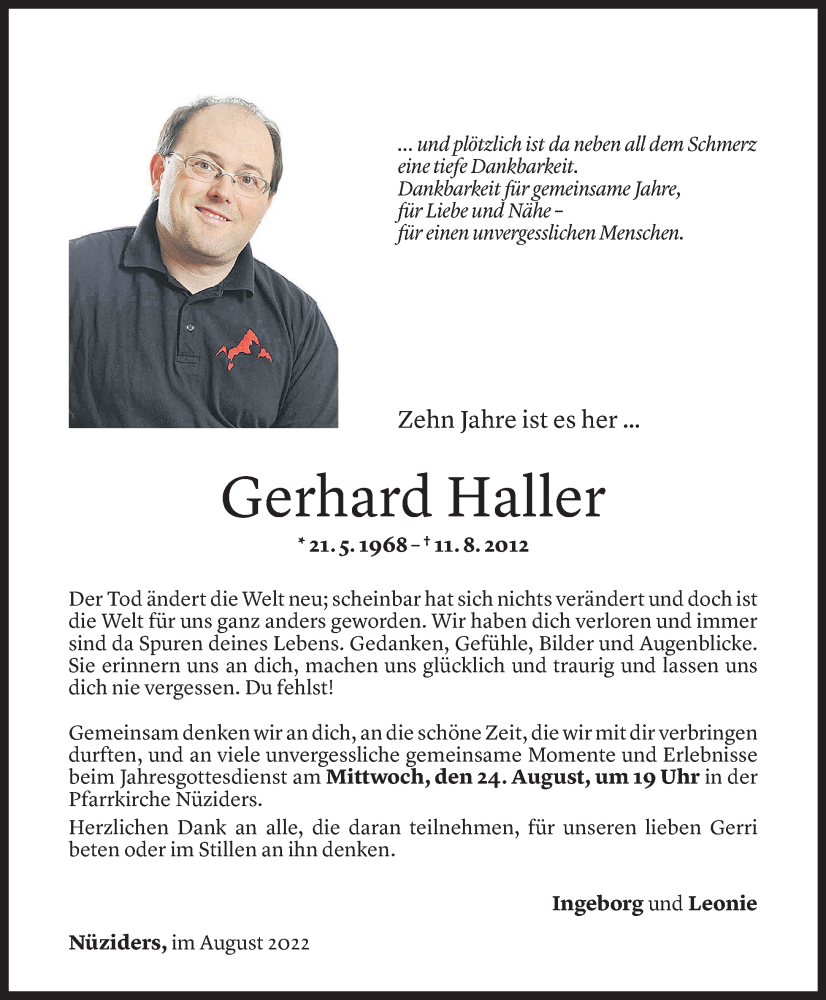  Todesanzeige für Gerhard Haller vom 20.08.2022 aus vorarlberger nachrichten