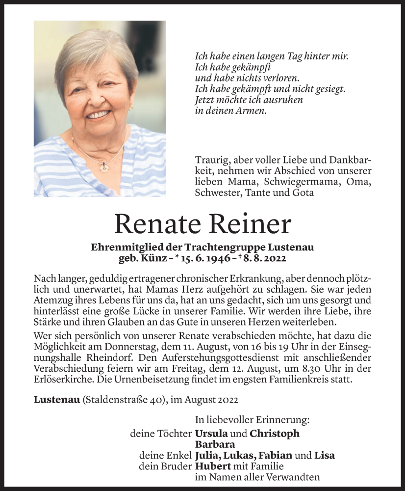  Todesanzeige für Renate Reiner vom 09.08.2022 aus Vorarlberger Nachrichten