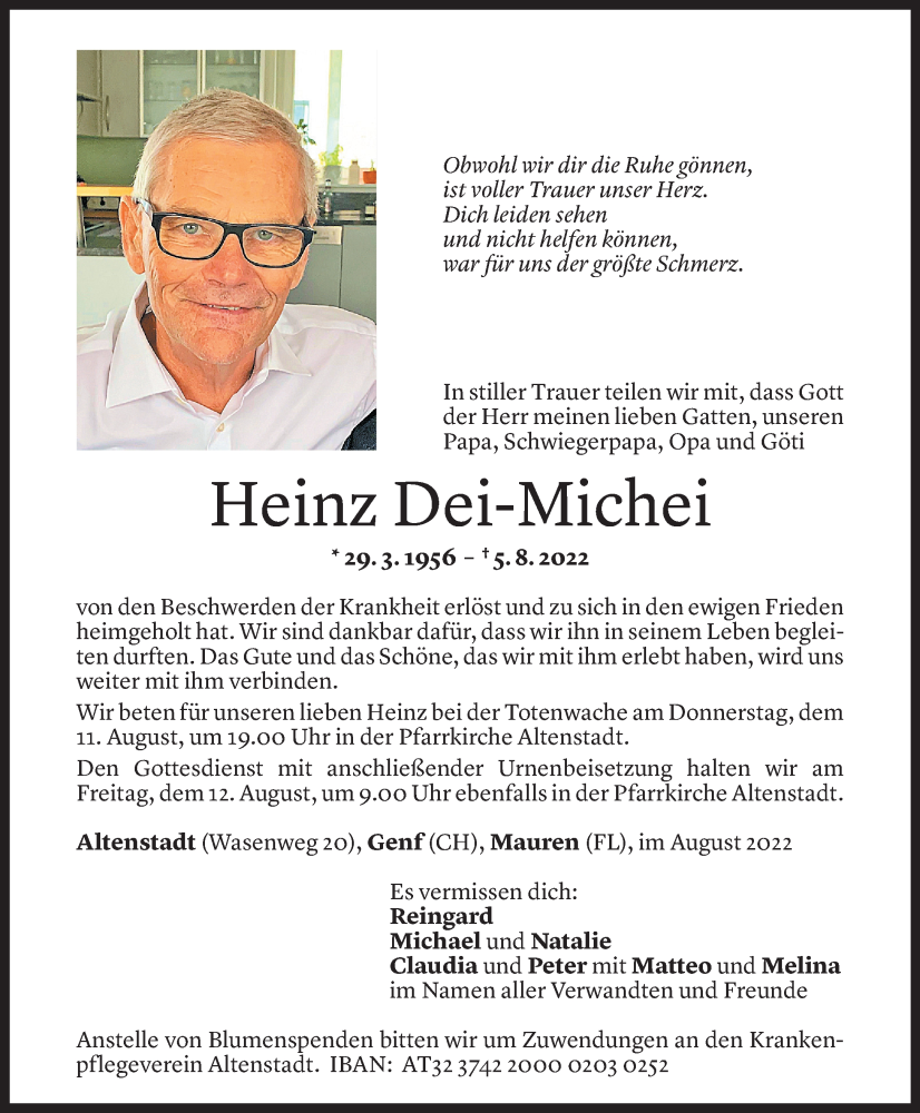  Todesanzeige für Heinz Dei-Michei vom 09.08.2022 aus Vorarlberger Nachrichten