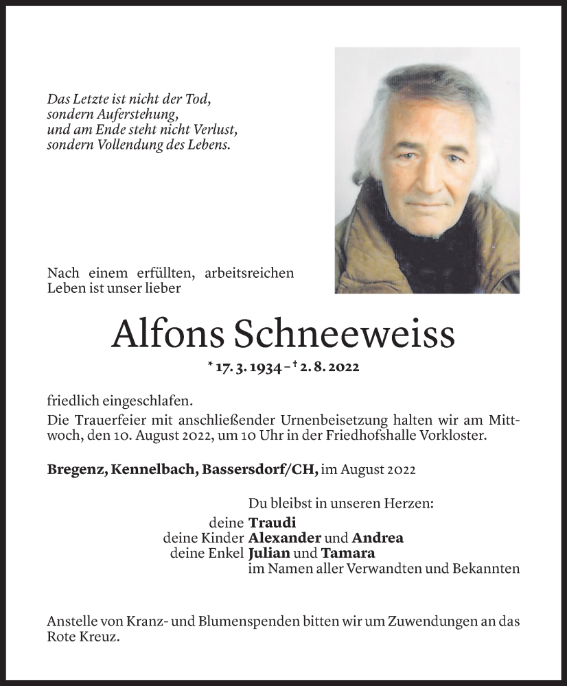  Todesanzeige für Alfons Schneeweiss vom 08.08.2022 aus Vorarlberger Nachrichten