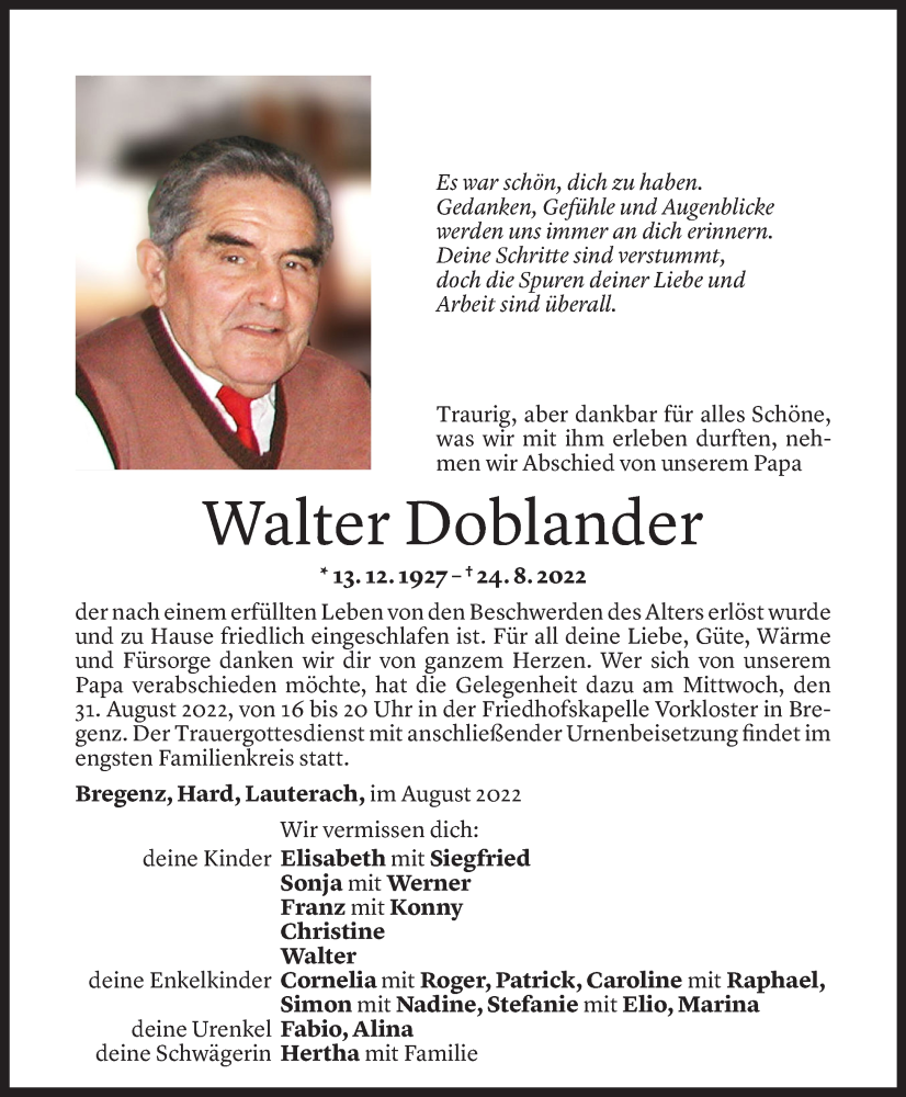  Todesanzeige für Walter Doblander vom 29.08.2022 aus Vorarlberger Nachrichten